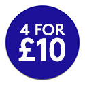 Blue promotional roundel reading: 4 for £10