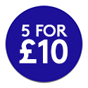 Blue promotional roundel reading: 5 for £10