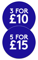 Two blue promotional roundels reading 3 for £10 and 5 for £15