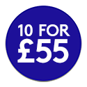 Blue promotional roundel reading: 10 for £55