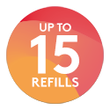 Red and orange promotional roundel with the words: up to 15 refills