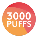 Red and orange promotional roundel with the words: up to 3000 puffs