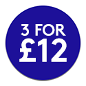Blue promotional roundel reading: 3 for £12
