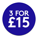 Blue promotional roundel reading: 3 for £15