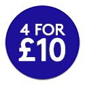 Blue promotional roundel reading: 4 for £10