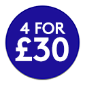 Blue promotional roundel reading: 4 for £30