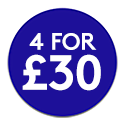 Blue promotional roundel reading: 4 for £30