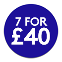 Blue promotional roundel reading: 7 for £40