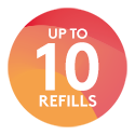 Red and orange promotional roundel with the words: up to 10 refills