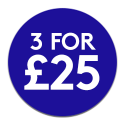 Blue promotional roundel reading: 3 for £25