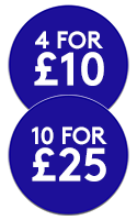 Blue promotional roundel reading: 4 for £10 &amp; 5 for £15
