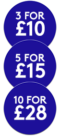 Two blue promotional roundels reading 3 for £10 and 5 for £15