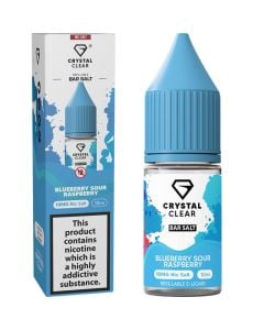 A Crystal Clear blueberry sour raspberry flavoured 10ml e-liquid bottle on a white background.