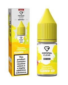 A Crystal Clear pineapple lemon burst flavoured 10ml e-liquid bottle on a white background.