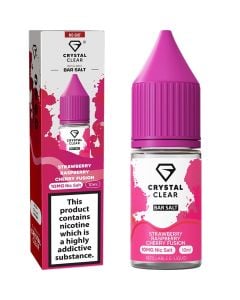 A Crystal Clear Strawberry, Raspberry, Cherry fusion flavoured 10ml e-liquid bottle on a white background.