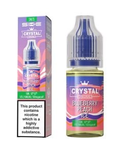 A SKE Crystal Salts blueberry peach ice flavoured 10ml e-liquid bottle on a white background.