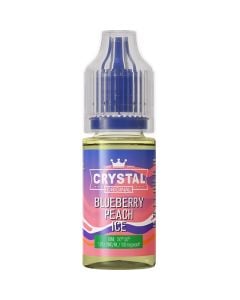 A SKE Crystal Salts blueberry peach ice flavoured 10ml e-liquid bottle on a white background.