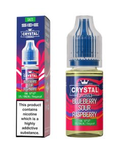 A SKE Crystal Salts blueberry sour raspberry flavoured 10ml e-liquid bottle on a white background.