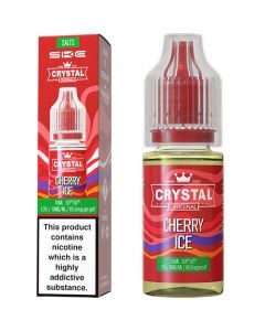 A SKE Crystal Salts cherry ice flavoured 10ml e-liquid bottle on a white background.