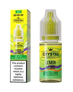 A SKE Crystal Salts lemon & lime flavoured 10ml e-liquid bottle on a white background.