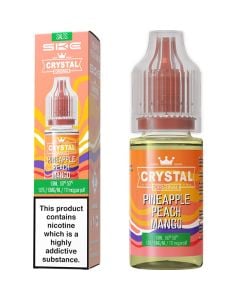 A SKE Crystal Salts pineapple peach mango flavoured 10ml e-liquid bottle on a white background.