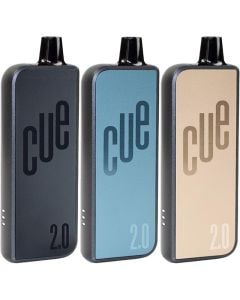 CUE 2.0 vape device kit in black, sky blue and sunlight.