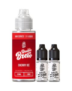 A Double Brew 100ml e-liquid next to two 10ml nicotine shot bottles.