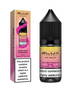 Lemon peach passionfruit flavoured ELUX Legend Nic Salts e-liquid on a white background.