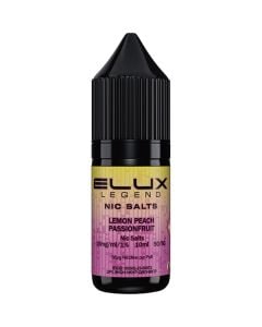 Lemon peach passionfruit flavoured ELUX Legend Nic Salts e-liquid on a white background.