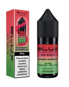 Raspberry watermelon flavoured ELUX Legend Nic Salts e-liquid on a white background.