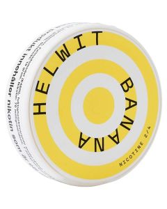 Helwit banana flavoured nicotine pouches from the front left on a white background.
