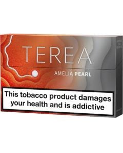 IQOS Terea Amelia pearl flavoured tobacco sticks 20 pack on a white background from a front right angle.