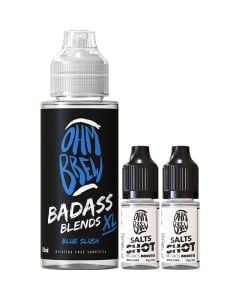 A Double Brew 100ml e-liquid next to two 10ml nicotine shot bottles.