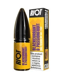 Riot X blackcurrant and peach 10ml e-liquid bottle and the box in a 20 mg/ml nicotine strength.