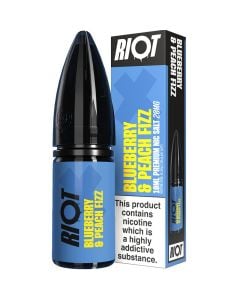 Riot X blueberry peach fizz 10ml e-liquid bottle and the box in a 20 mg/ml nicotine strength.