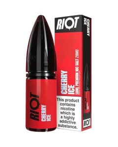 Riot X cherry ice 10ml e-liquid bottle and the box in a 20 mg/ml nicotine strength.