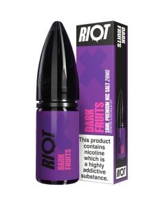 Riot X dark fruits 10ml e-liquid bottle and the box in a 20 mg/ml nicotine strength.