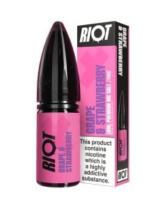 Riot X grape and strawberry 10ml e-liquid bottle and the box in a 20 mg/ml nicotine strength.