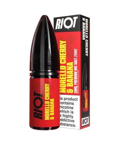 Riot X morello cherry and banana 10ml e-liquid bottle and the box in a 20 mg/ml nicotine strength.