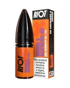 Riot X orange raspberry ice 10ml e-liquid bottle and the box in a 20 mg/ml nicotine strength.