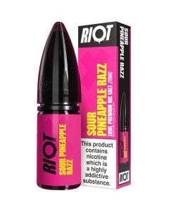 Riot X sour pineapple razz 10ml e-liquid bottle and the box in a 20 mg/ml nicotine strength.