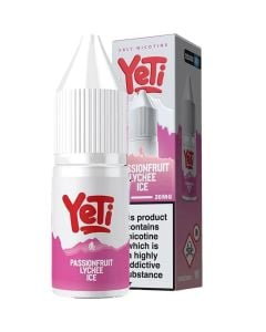 Yeti passionfruit lychee ice flavour 20mg e-liquid on a white background.