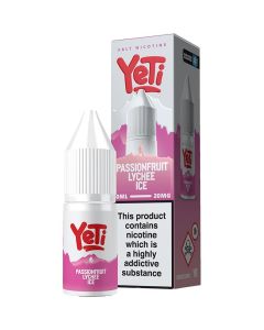 Yeti passionfruit lychee ice flavour 20mg e-liquid on a white background.