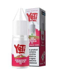 Sour raspberry watermelon ice Yeti e-liquid in a 20mg strength on a white background.