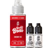 A Double Brew 100ml e-liquid next to two 10ml nicotine shot bottles.