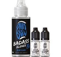 A Double Brew 100ml e-liquid next to two 10ml nicotine shot bottles.