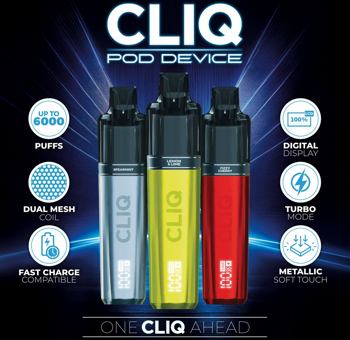 A “poster showing the CLIQ pod device kit, with a variety of its features such as a fast charge battery or up to 6,000 puffs.