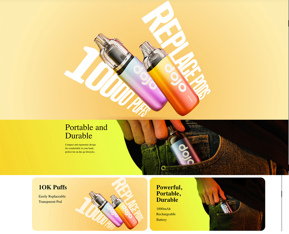 An image that details the features of the DOJO Blast 10K pod vape kit. An image that details the features of the DOJO Blast 10K pod vape kit.