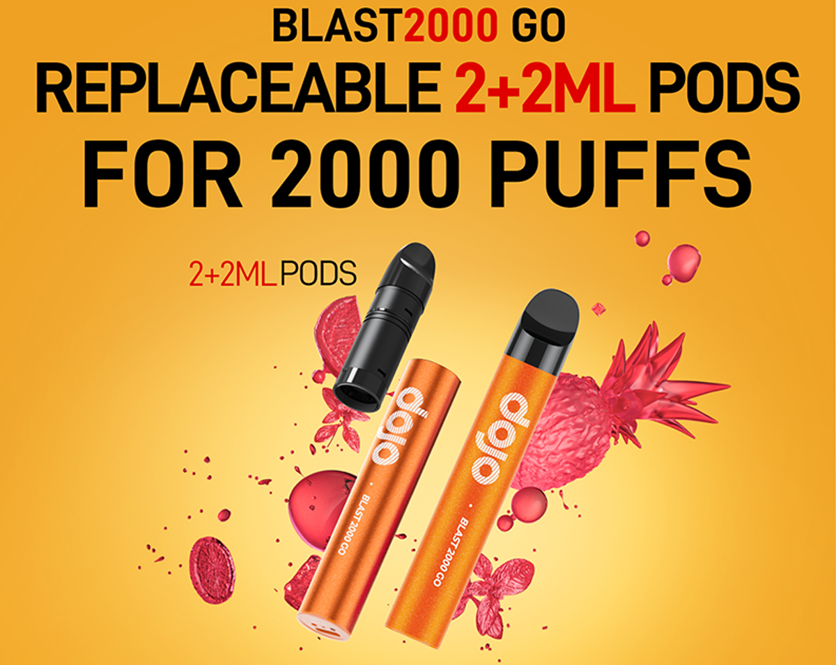 An orange poster of the DOJO Blast 2000 Go that states replaceable 2+2ml pods for 2,000 puffs.