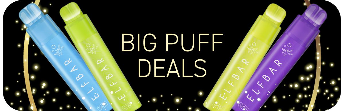 A banner show a variety of big puff disposables on a black background, with gold text in the centre saying 'Black Friday'.